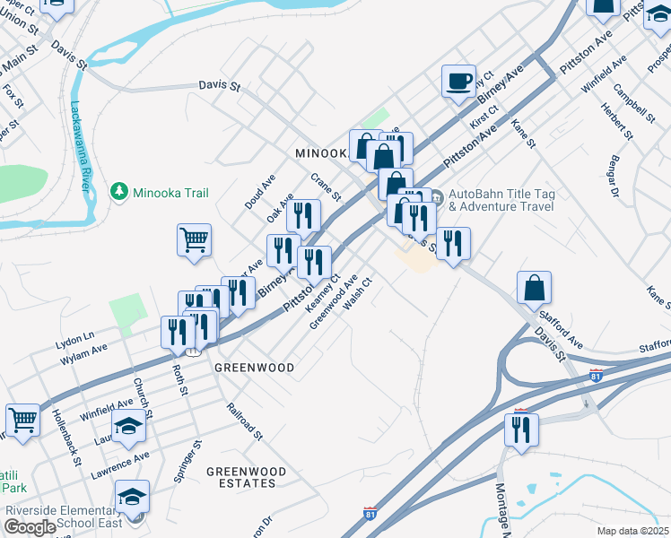 map of restaurants, bars, coffee shops, grocery stores, and more near 3248 Pittston Avenue in Scranton