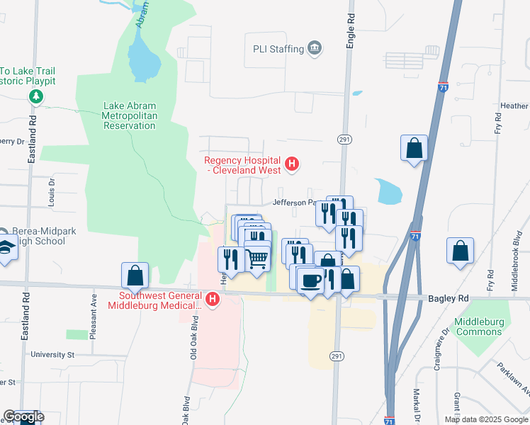 map of restaurants, bars, coffee shops, grocery stores, and more near 18253 Jefferson Park Road in Middleburg Heights
