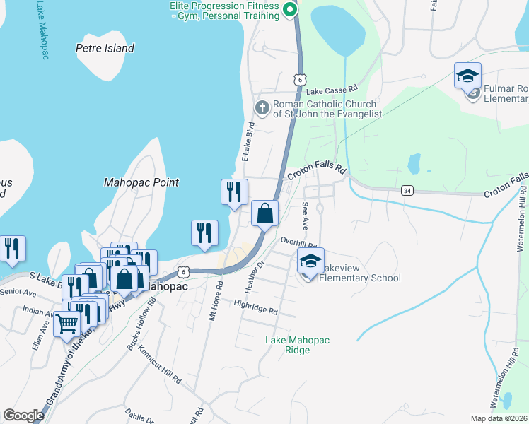 map of restaurants, bars, coffee shops, grocery stores, and more near 161 East Lake Boulevard in Mahopac