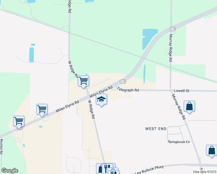 map of restaurants, bars, coffee shops, grocery stores, and more near Milan Elyria Road in Elyria