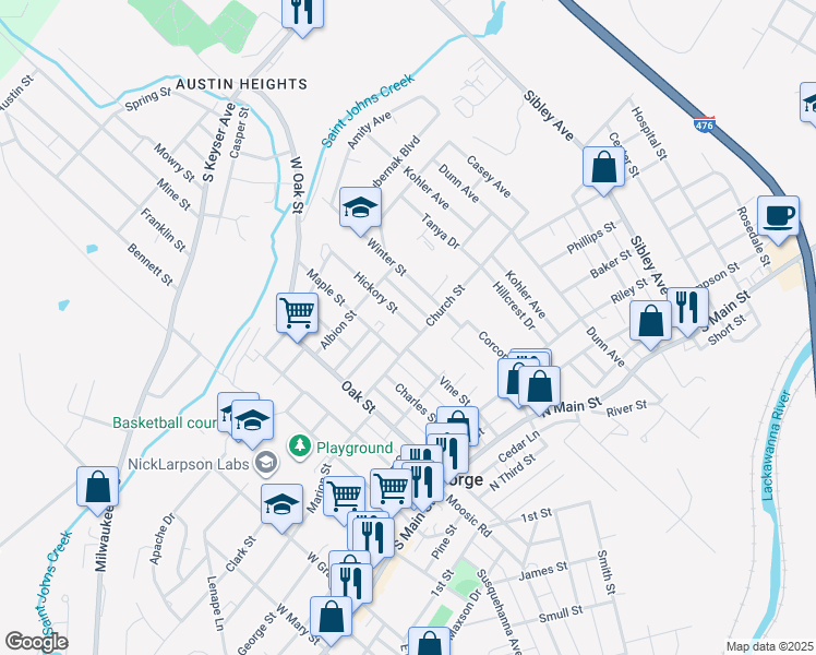 map of restaurants, bars, coffee shops, grocery stores, and more near 517 Hickory Street in Old Forge