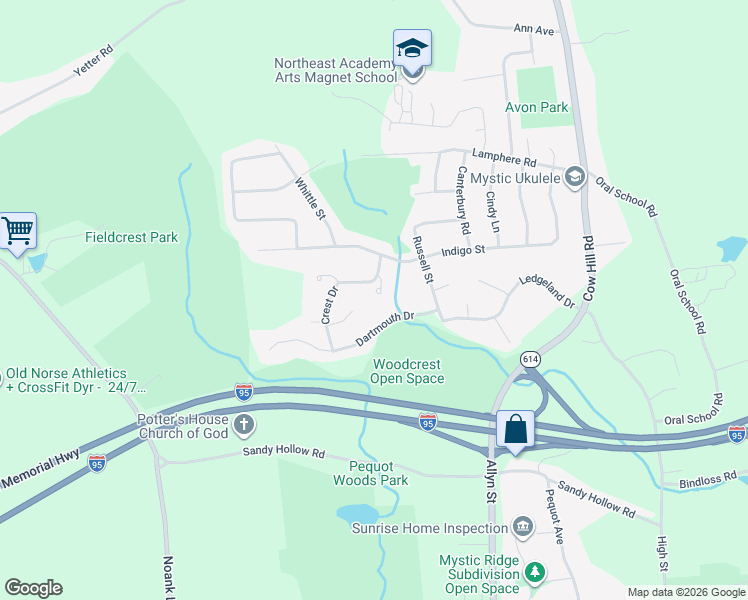 map of restaurants, bars, coffee shops, grocery stores, and more near 25 Fenwick Court in Groton