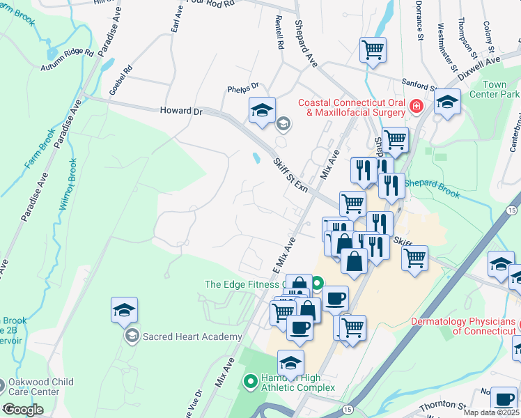 map of restaurants, bars, coffee shops, grocery stores, and more near 163 Towne House Road in Hamden