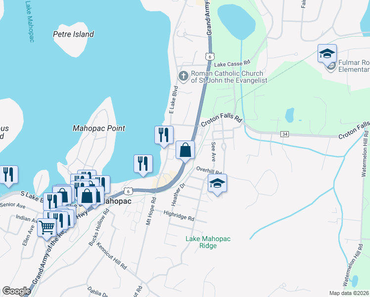 map of restaurants, bars, coffee shops, grocery stores, and more near 161 East Lake Boulevard in Mahopac