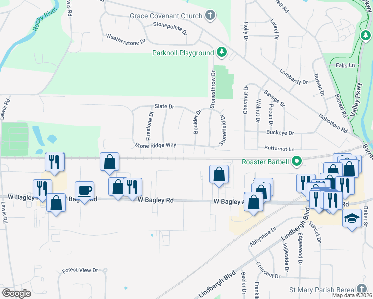 map of restaurants, bars, coffee shops, grocery stores, and more near 100 Pyrite Court in Berea
