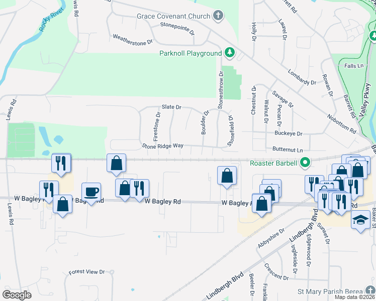 map of restaurants, bars, coffee shops, grocery stores, and more near 100 Pyrite Court in Berea