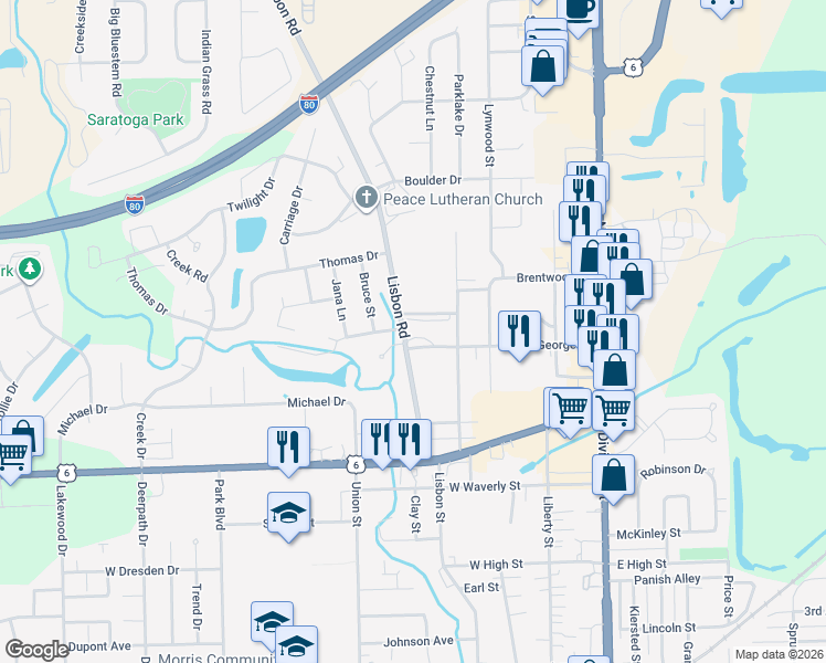 map of restaurants, bars, coffee shops, grocery stores, and more near 500 Brentwood Drive in Morris