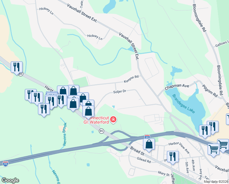 map of restaurants, bars, coffee shops, grocery stores, and more near 55 Soljer Drive in Waterford