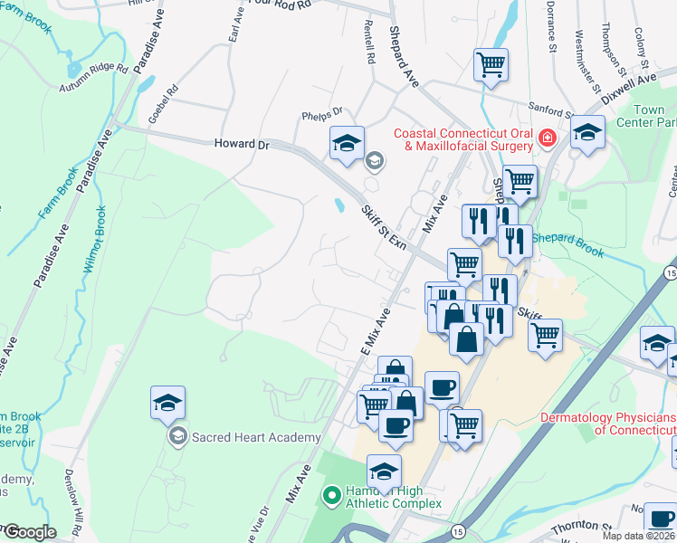 map of restaurants, bars, coffee shops, grocery stores, and more near 163 Towne House Road in Hamden