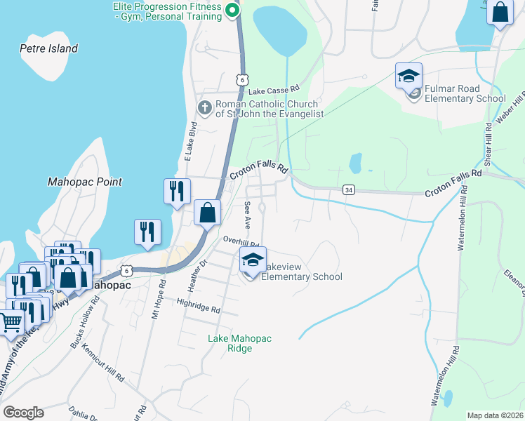 map of restaurants, bars, coffee shops, grocery stores, and more near 40 McAlpin Avenue in Mahopac
