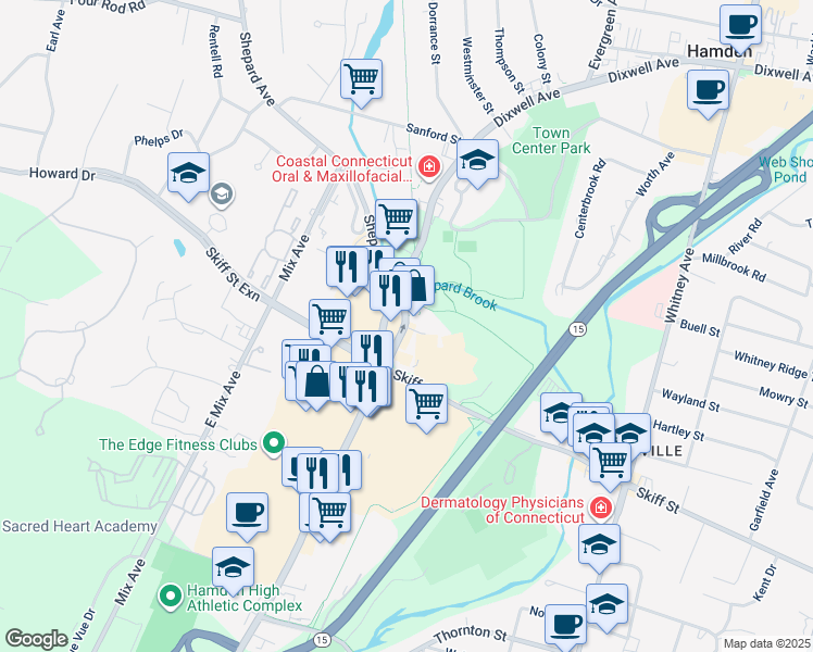 map of restaurants, bars, coffee shops, grocery stores, and more near Connecticut 10 in New Haven