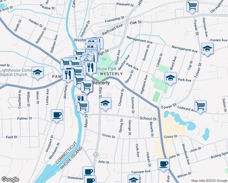 map of restaurants, bars, coffee shops, grocery stores, and more near 5 Chestnut Street in Westerly