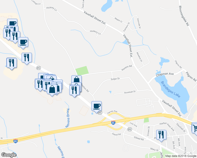 map of restaurants, bars, coffee shops, grocery stores, and more near 44 Kenyon Road in Waterford