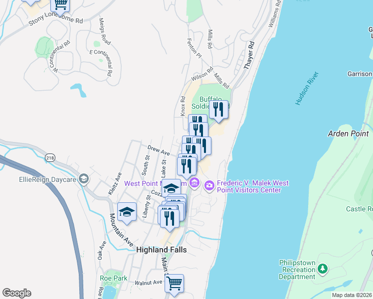 map of restaurants, bars, coffee shops, grocery stores, and more near 5 Homestead Avenue in Highland Falls