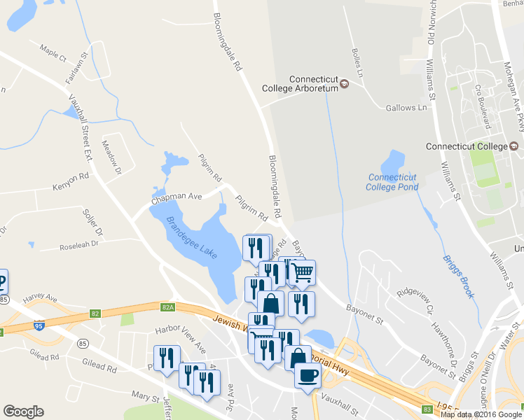 map of restaurants, bars, coffee shops, grocery stores, and more near 11 Pilgrim Road in Waterford