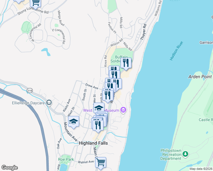 map of restaurants, bars, coffee shops, grocery stores, and more near 5 Homestead Avenue in Highland Falls