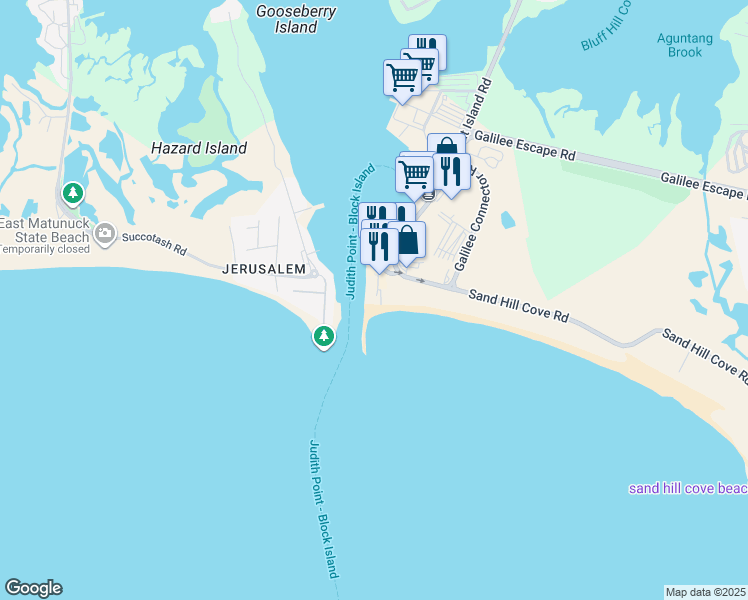 map of restaurants, bars, coffee shops, grocery stores, and more near 254 Great Island Road in Narragansett