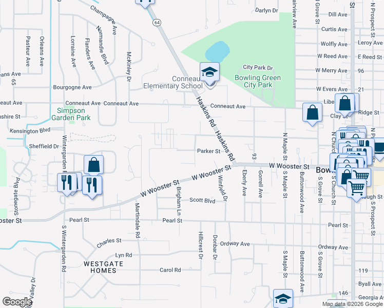map of restaurants, bars, coffee shops, grocery stores, and more near 905 Parker Street in Bowling Green