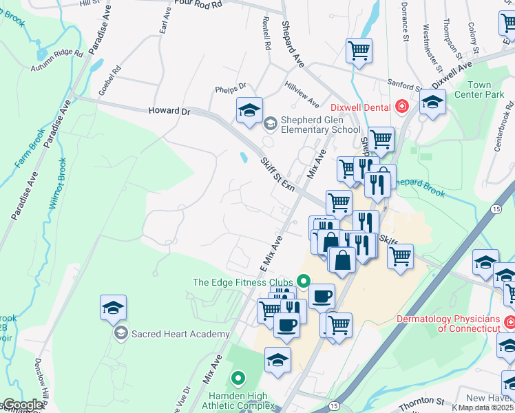 map of restaurants, bars, coffee shops, grocery stores, and more near 119 Towne House Road in Hamden