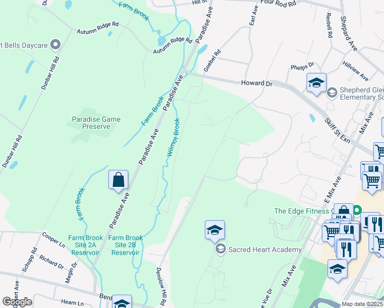 map of restaurants, bars, coffee shops, grocery stores, and more near 410 Denslow Hill Road in Hamden