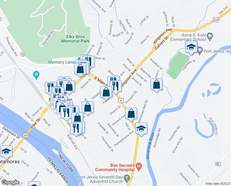 map of restaurants, bars, coffee shops, grocery stores, and more near East Main Street & Kingston Avenue in Port Jervis