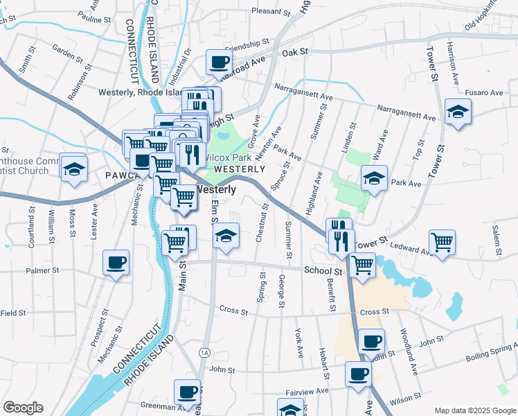 map of restaurants, bars, coffee shops, grocery stores, and more near 3 Chestnut Street in Westerly
