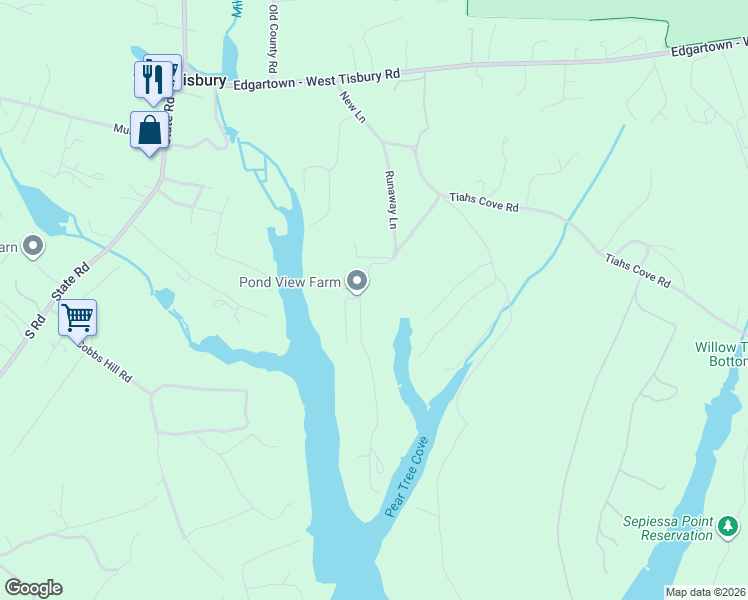 map of restaurants, bars, coffee shops, grocery stores, and more near 104 Pond View Farm Road in West Tisbury