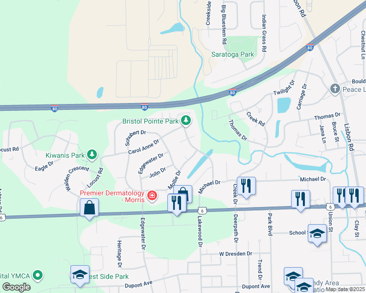 map of restaurants, bars, coffee shops, grocery stores, and more near 1722 Jennifer Ct in Morris