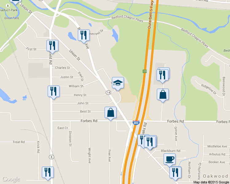 map of restaurants, bars, coffee shops, grocery stores, and more near 1372 Caryl Dr in Bedford