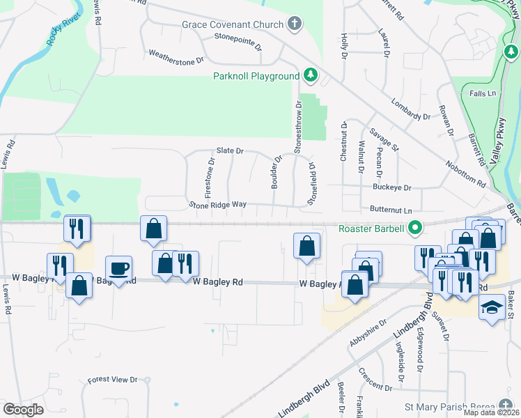 map of restaurants, bars, coffee shops, grocery stores, and more near 100 Pyrite Court in Berea