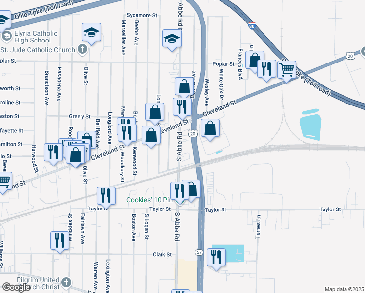 map of restaurants, bars, coffee shops, grocery stores, and more near 142 South Abbe Road in Elyria