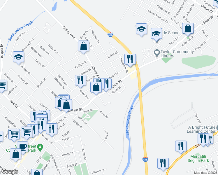 map of restaurants, bars, coffee shops, grocery stores, and more near 1116 South Main Street in Taylor