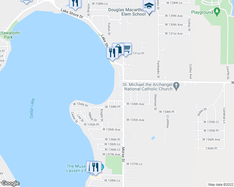 map of restaurants, bars, coffee shops, grocery stores, and more near 13318 Morse Street in Cedar Lake