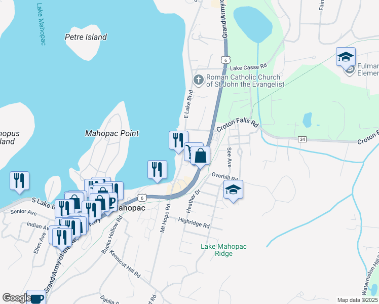 map of restaurants, bars, coffee shops, grocery stores, and more near 161 East Lake Boulevard in Mahopac