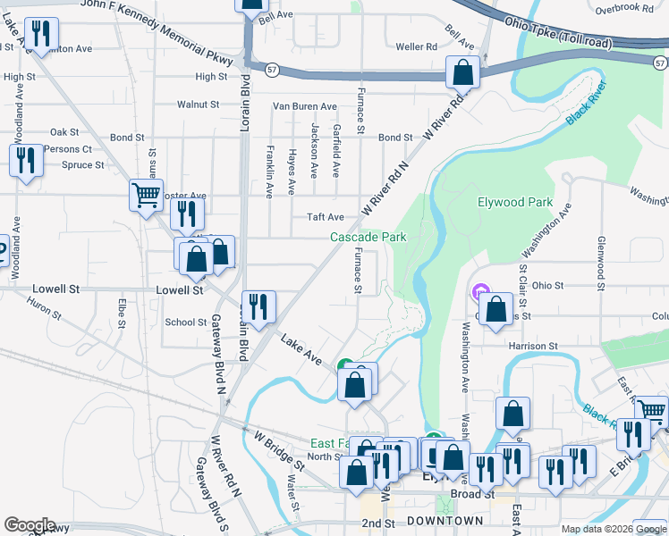 map of restaurants, bars, coffee shops, grocery stores, and more near 745 West River Road North in Elyria