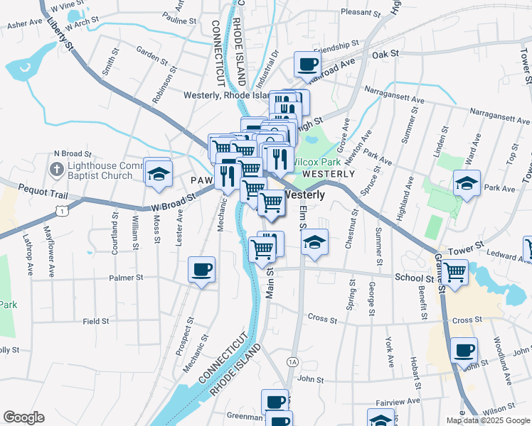 map of restaurants, bars, coffee shops, grocery stores, and more near 19 Union Street in Westerly