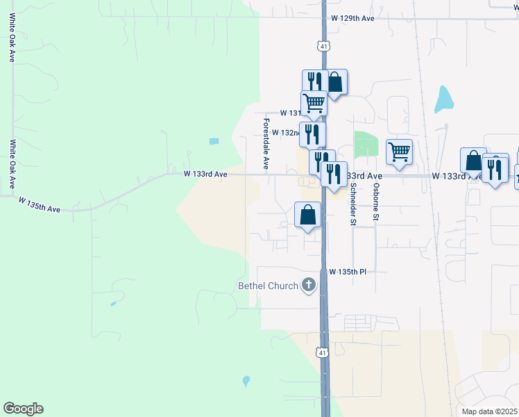 map of restaurants, bars, coffee shops, grocery stores, and more near 11510 West 133rd Lane in Cedar Lake