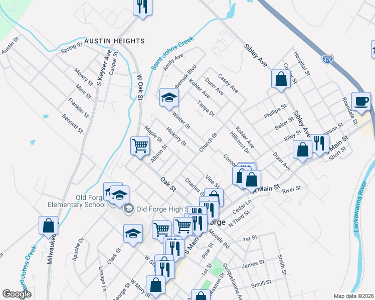 map of restaurants, bars, coffee shops, grocery stores, and more near 517 Hickory Street in Old Forge