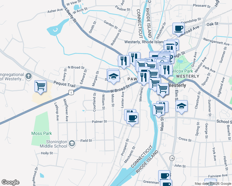 map of restaurants, bars, coffee shops, grocery stores, and more near 122 West Broad Street in Stonington