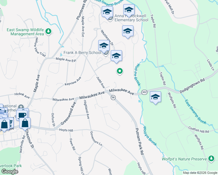 map of restaurants, bars, coffee shops, grocery stores, and more near 2 Judd Avenue in Bethel