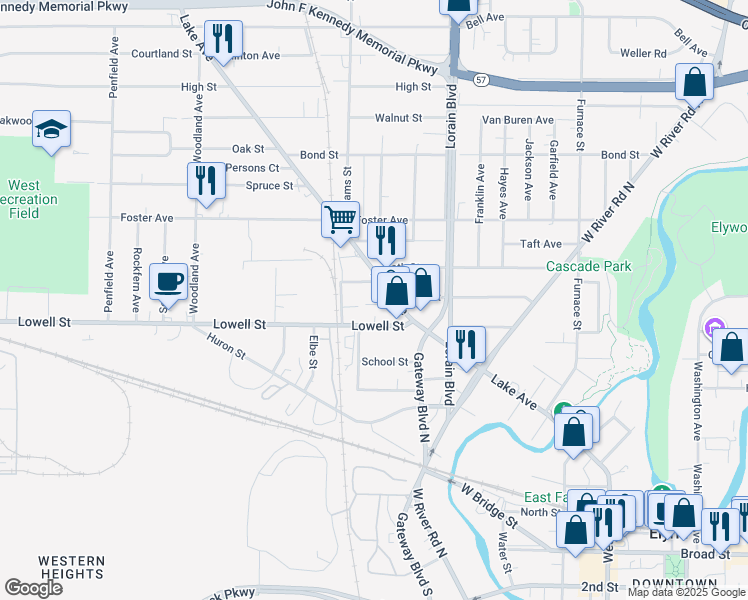 map of restaurants, bars, coffee shops, grocery stores, and more near 9 Shear Street in Elyria