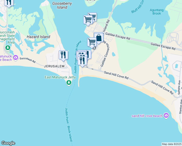 map of restaurants, bars, coffee shops, grocery stores, and more near 224 Sand Hill Cove Rd in Narragansett