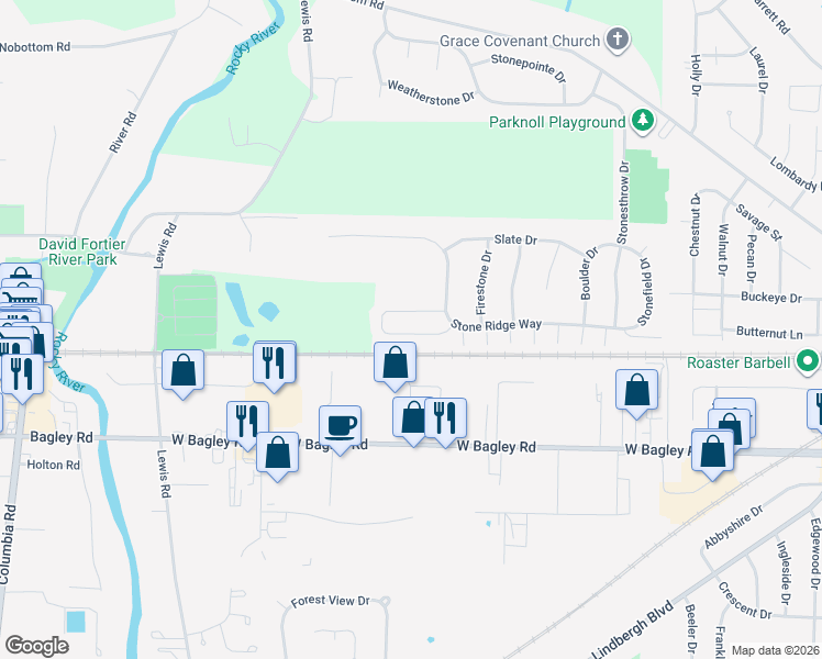 map of restaurants, bars, coffee shops, grocery stores, and more near 128 River Rock Way in Berea