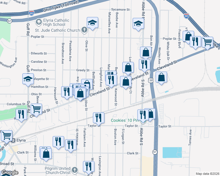map of restaurants, bars, coffee shops, grocery stores, and more near 506 Cleveland St in Elyria