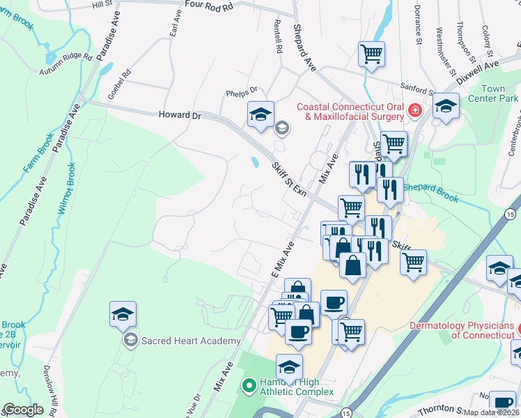 map of restaurants, bars, coffee shops, grocery stores, and more near 163 Towne House Road in Hamden