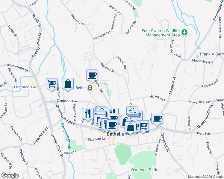 map of restaurants, bars, coffee shops, grocery stores, and more near 101 Simeon Road in Bethel