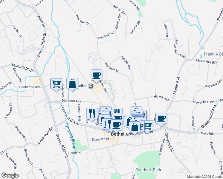 map of restaurants, bars, coffee shops, grocery stores, and more near 101 Simeon Road in Bethel
