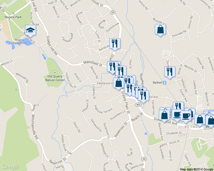 map of restaurants, bars, coffee shops, grocery stores, and more near 7 Fleetwood Avenue in Bethel