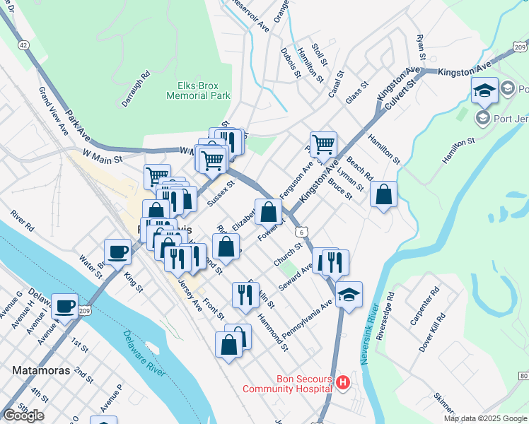 map of restaurants, bars, coffee shops, grocery stores, and more near 29 Elizabeth Street in Port Jervis