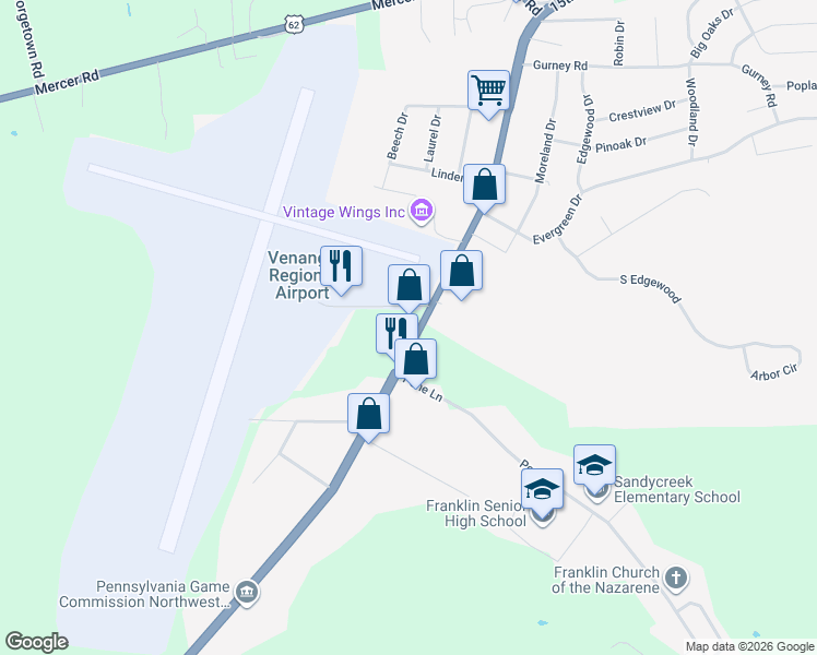 map of restaurants, bars, coffee shops, grocery stores, and more near 1356 Pittsburgh Rd in Franklin